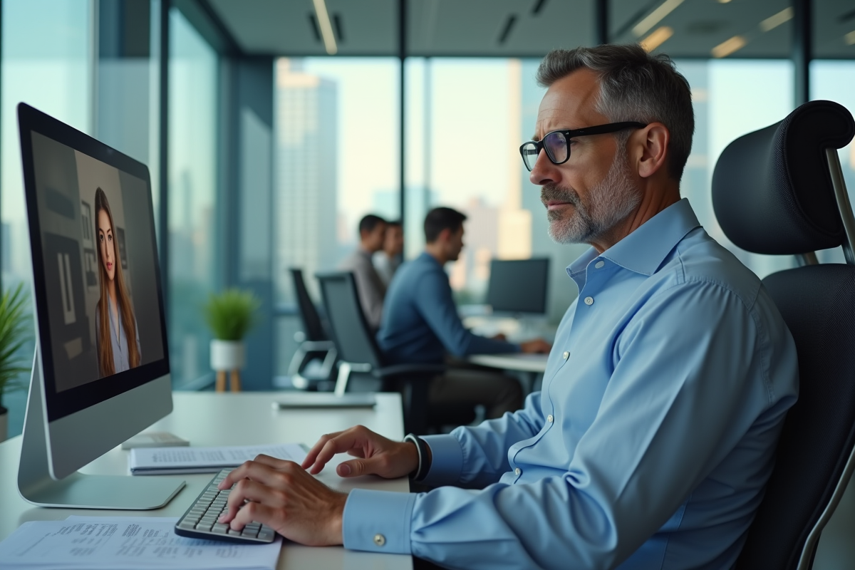 Homme en visioconference dans un bureau moderne