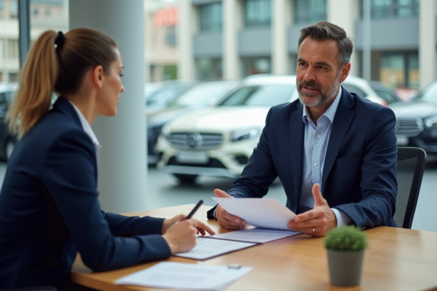 Homme en blazer discutant avec une conseillère automobile