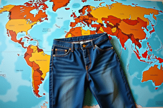 Jeans bleus sur une carte du monde avec lignes de voyage