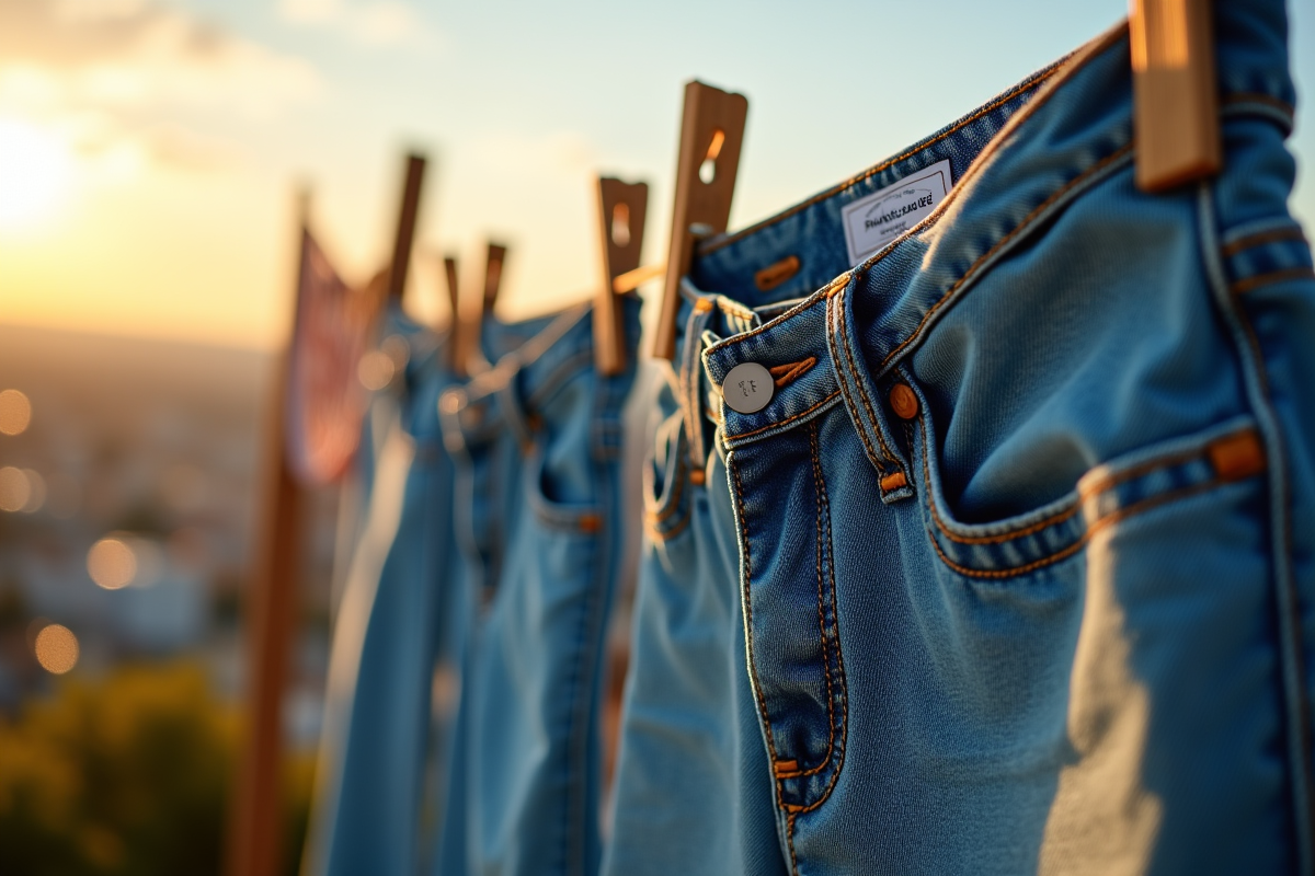 Jeans suspendus à une corde avec ville en arrière-plan