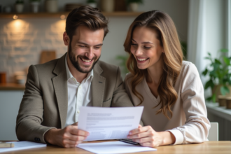 Jeune couple souriant examinant documents achat maison