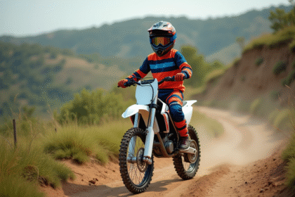 Jeune garçon en motocross sur un sentier naturel