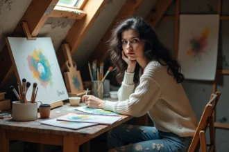 Jeune femme en atelier d'art avec toile en cours