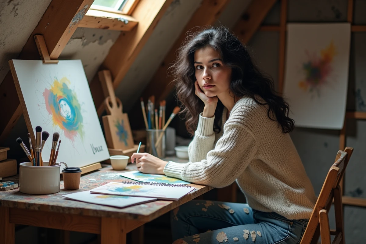 Jeune femme en atelier d'art avec toile en cours