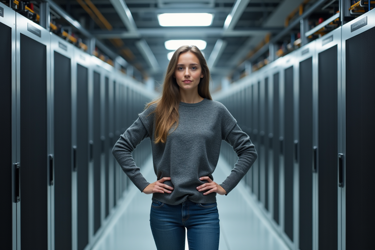 Jeune ingénieure dans un centre de données avec serveurs