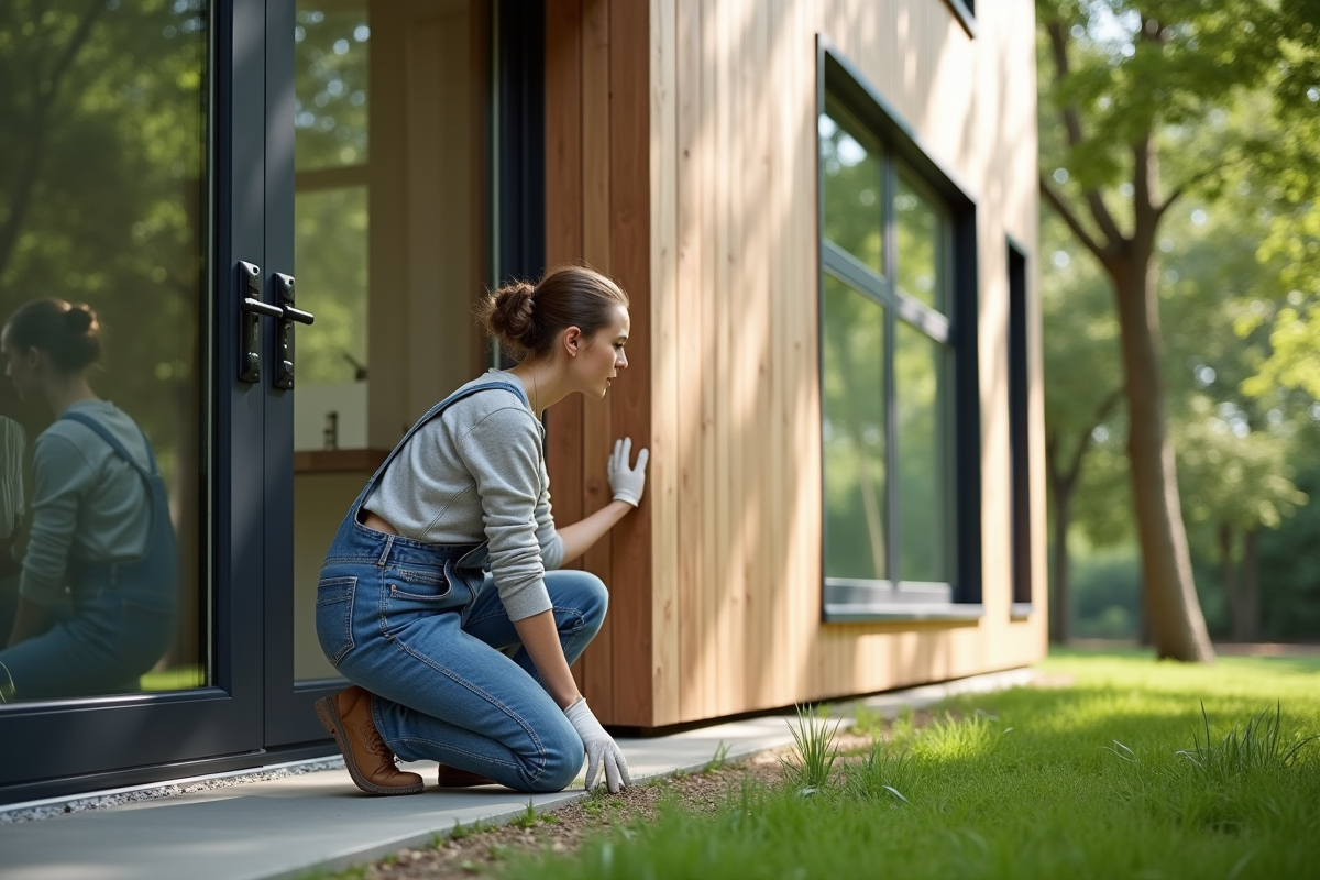 Jeune femme en overalls inspectant un revêtement moderne