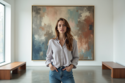 Jeune femme dans une galerie d'art contemplant une peinture abstraite