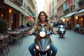 Jeune femme souriante sur une moto Skyteam 125 en ville