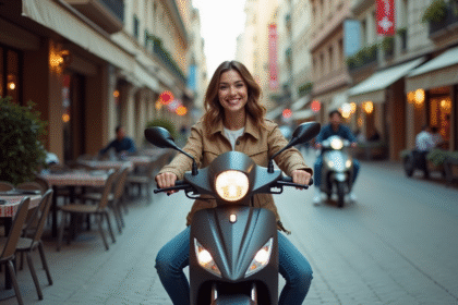 Jeune femme souriante sur une moto Skyteam 125 en ville