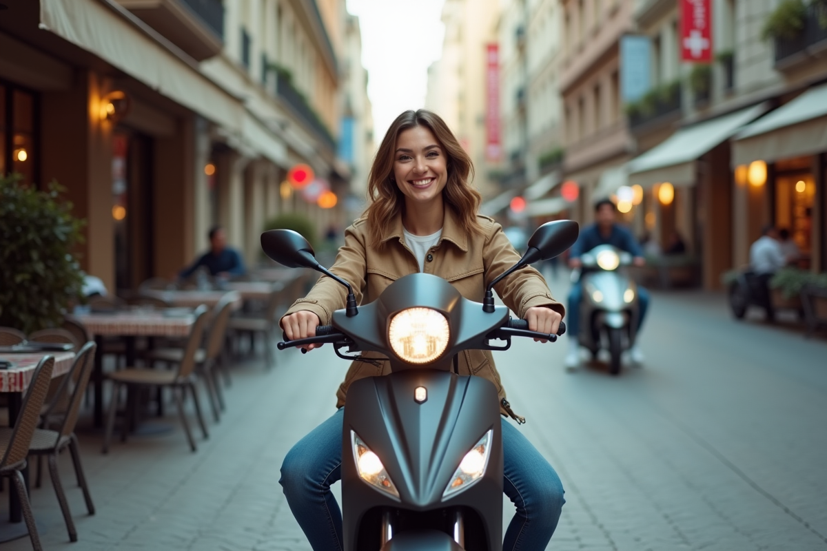 Jeune femme souriante sur une moto Skyteam 125 en ville