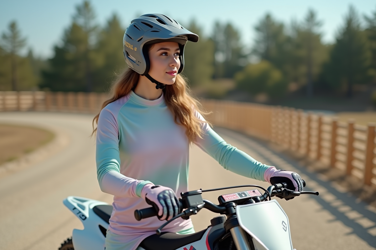 Jeune femme ajustant sa moto de motocross en pratique