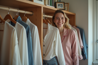 Jeune femme choisissant un haut dans une armoire organisée