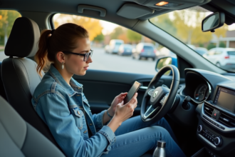 Jeune femme en voiture avec smartphone et regard pensif