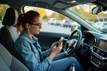 Jeune femme en voiture avec smartphone et regard pensif