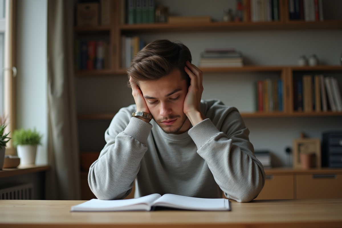 Jeune homme pensif assis à un bureau dans un appartement