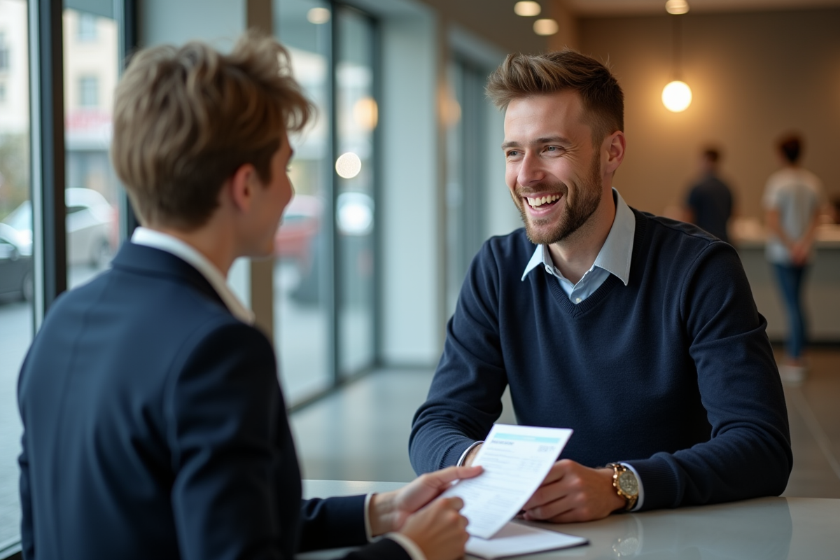 Jeune homme discutant avec un conseiller bancaire en agence