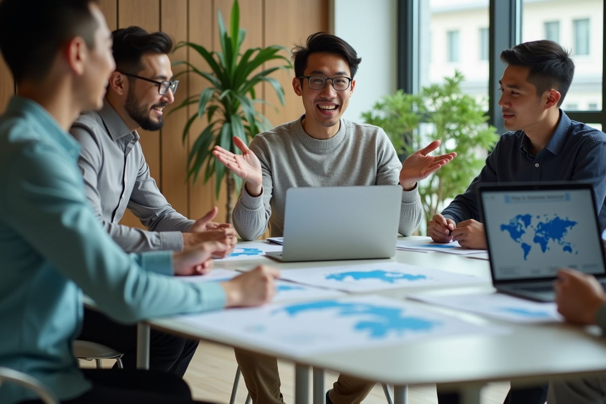 Jeune homme discutant avec collègues dans un bureau moderne