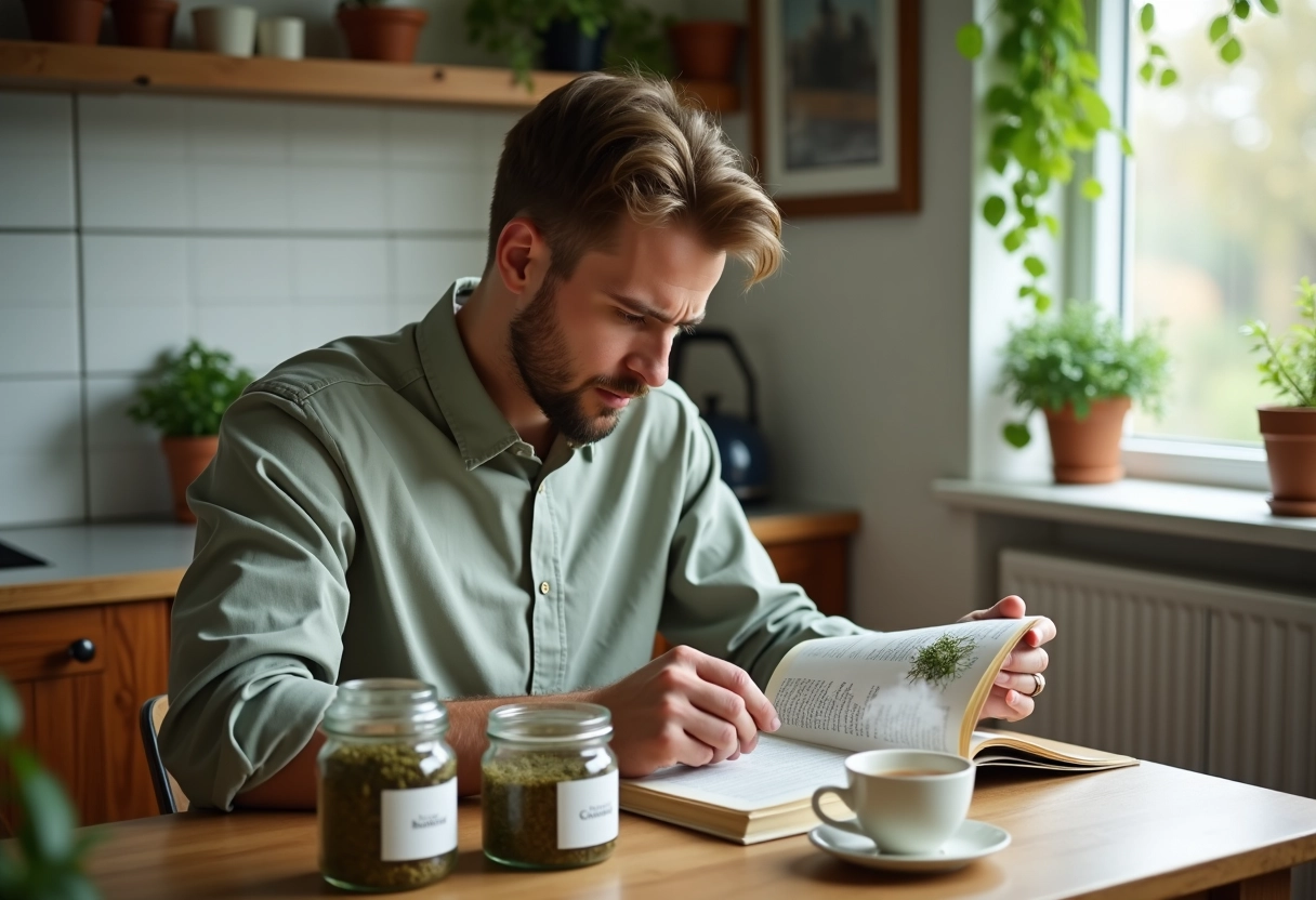 Jeune homme feuilletant un guide botanique à la maison