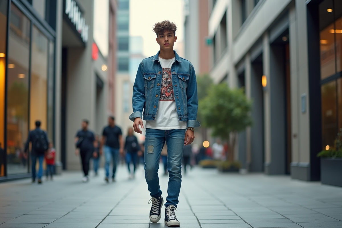 Jeune homme en streetwear moderne sur un trottoir urbain
