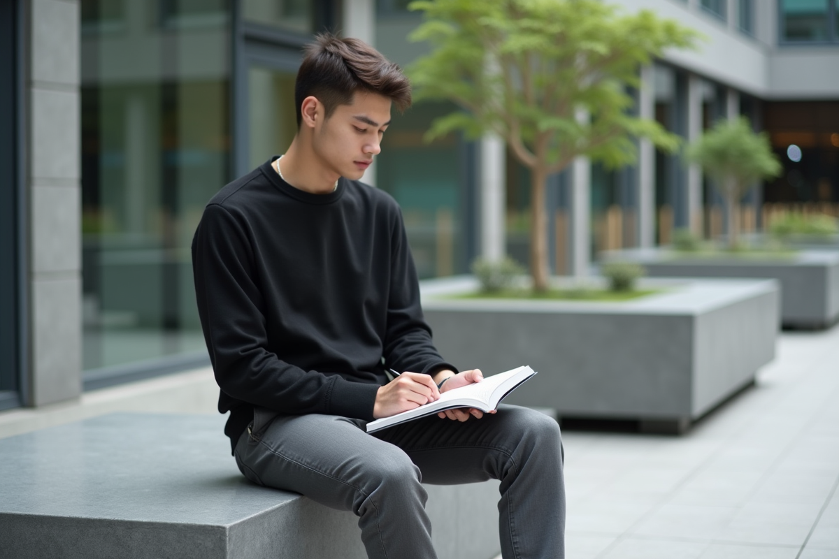 Jeune homme pensif assis dans une place urbaine moderne