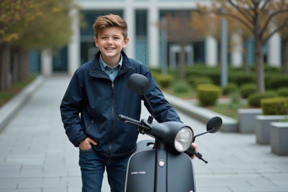 Jeune garçon souriant avec scooter noir en ville