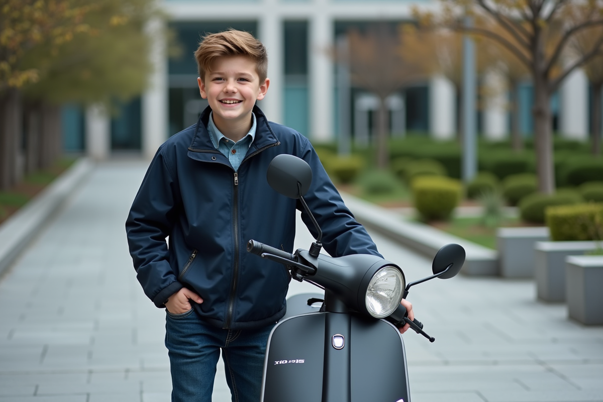 Jeune garçon souriant avec scooter noir en ville