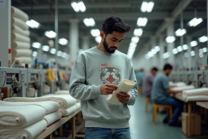 Jeune homme examine une étiquette de vêtement dans une usine textile