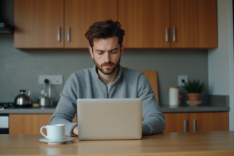 Jeune homme travaillant sur un laptop dans une cuisine chaleureuse