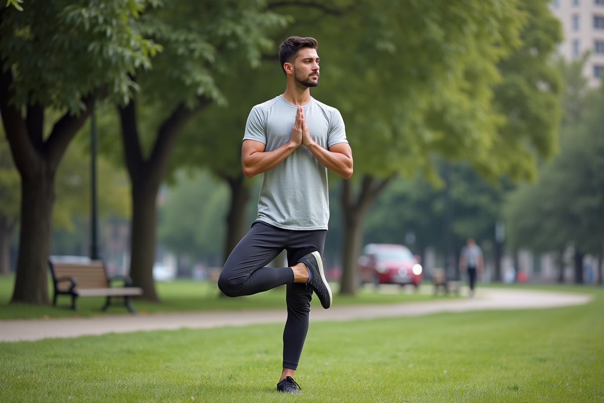 Jeune homme pratiquant yoga en plein air dans un parc