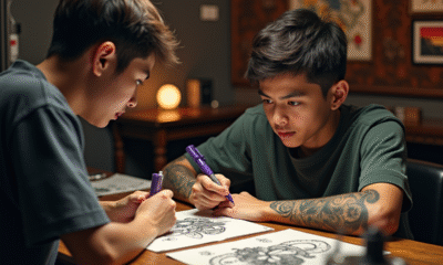 Jeune personne discutant tatouages japonais avec artiste dans studio