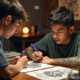 Jeune personne discutant tatouages japonais avec artiste dans studio