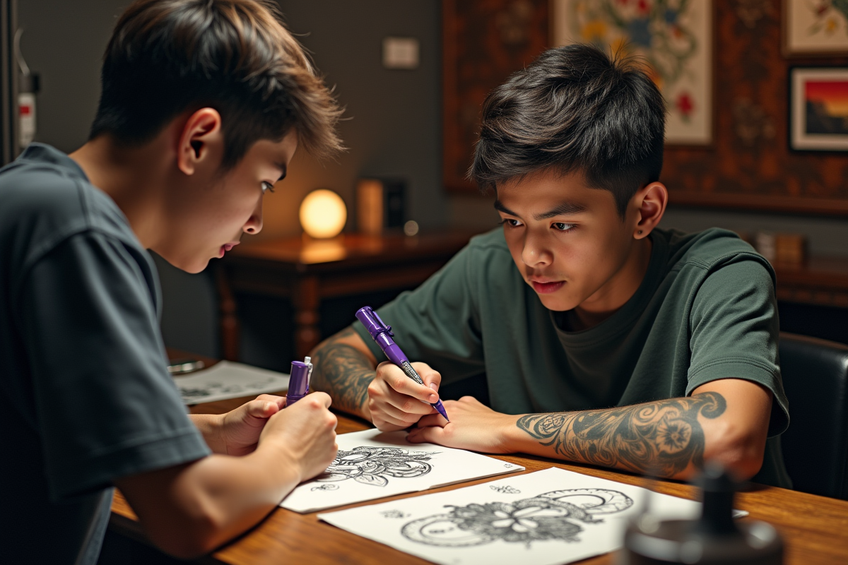 Jeune personne discutant tatouages japonais avec artiste dans studio