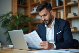 Jeune homme en bureau moderne compare un article papier et un écran AI