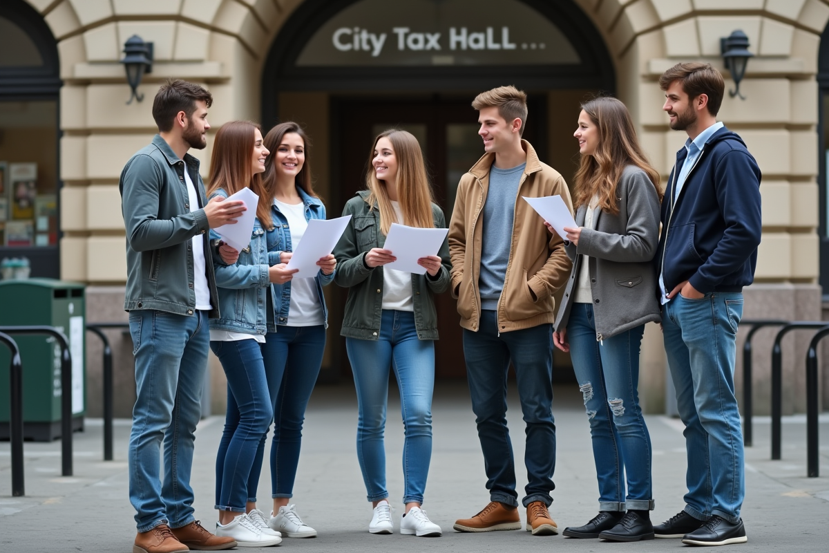 Jeunes adultes discutant devant un centre des impots en ville