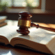 Bavette de juge en bois sur un livre de droit civil