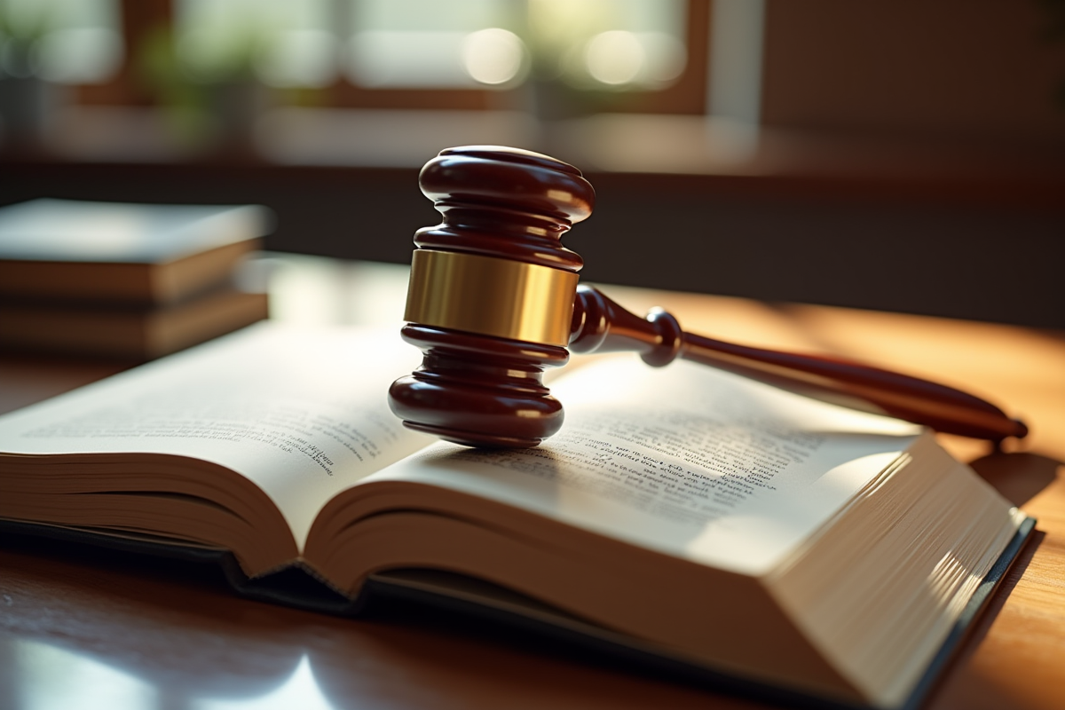 Bavette de juge en bois sur un livre de droit civil