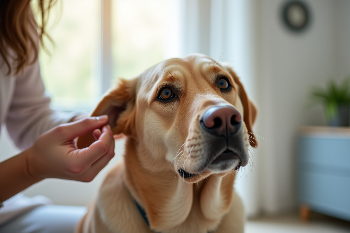 Labrador nettoyant ses oreilles par son propriétaire en intérieur