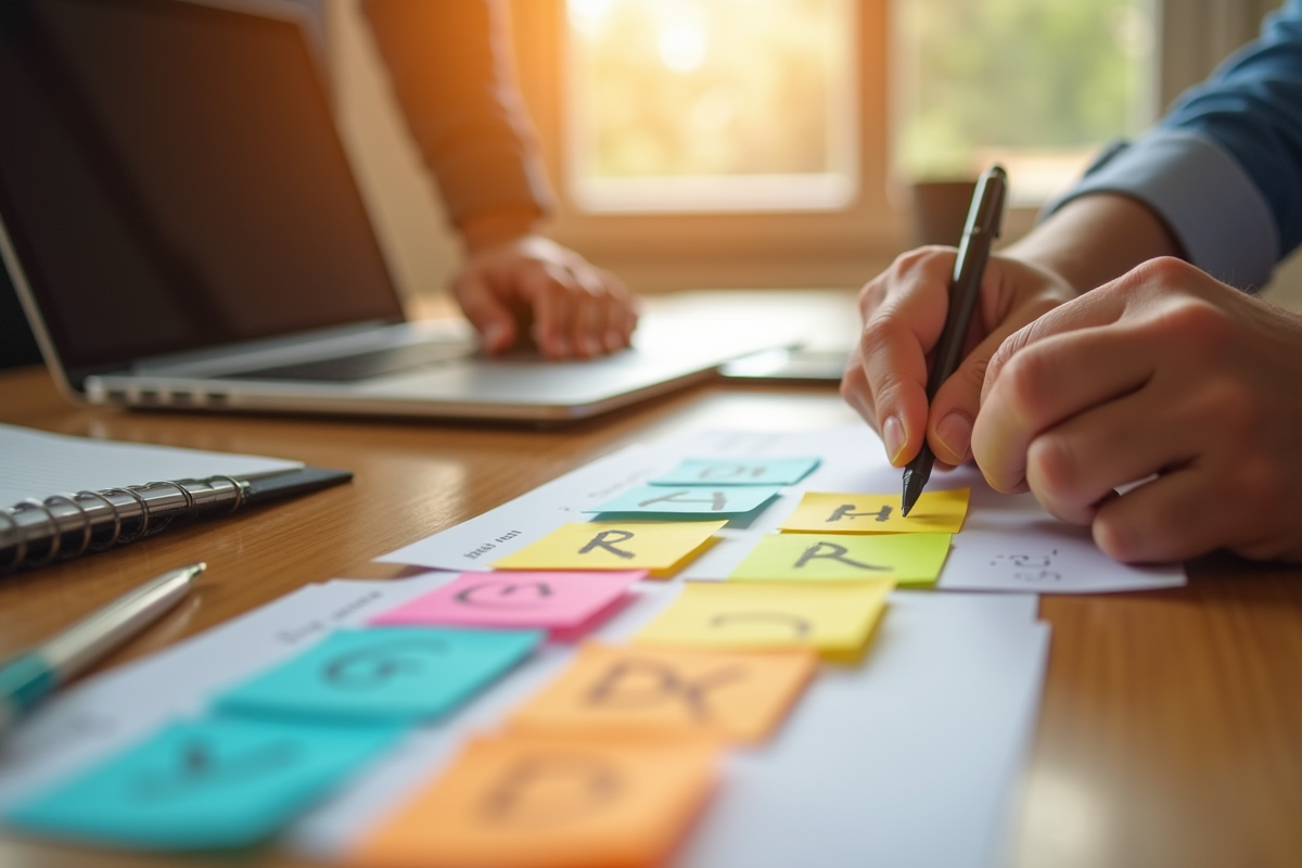 Mains organisant des notes colorées sur un bureau lumineux