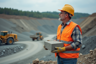 Ouvrier de construction avec béton dans une carrière
