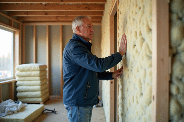 Hommes appliquant de la laine mineral sur un mur intérieur