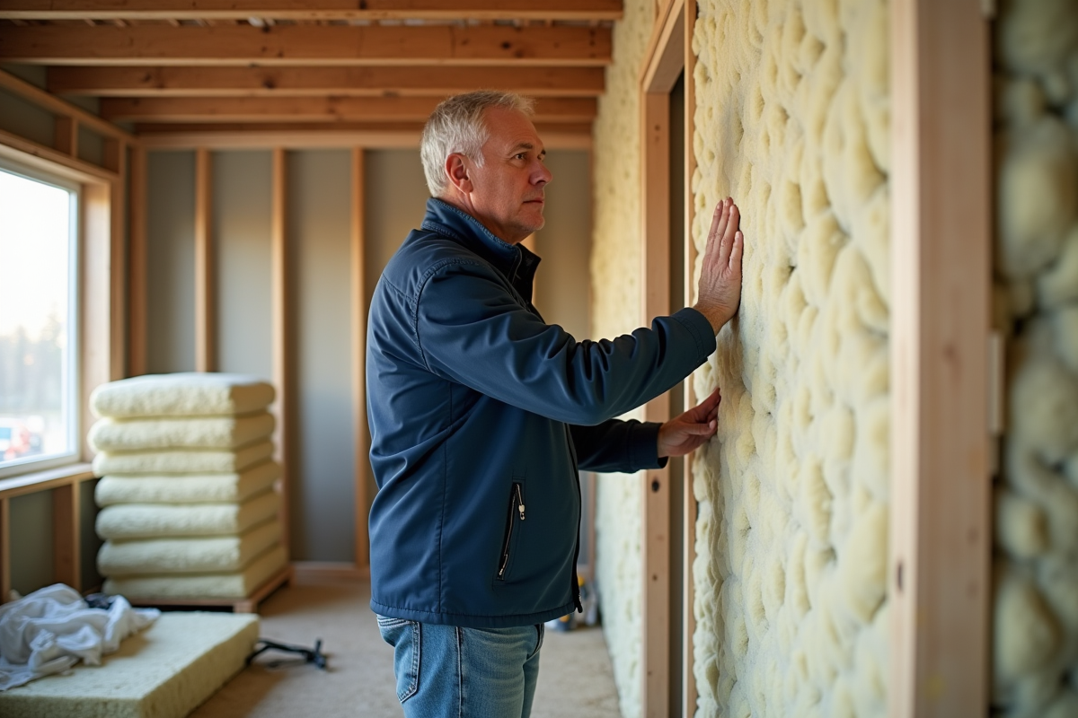 Hommes appliquant de la laine mineral sur un mur intérieur