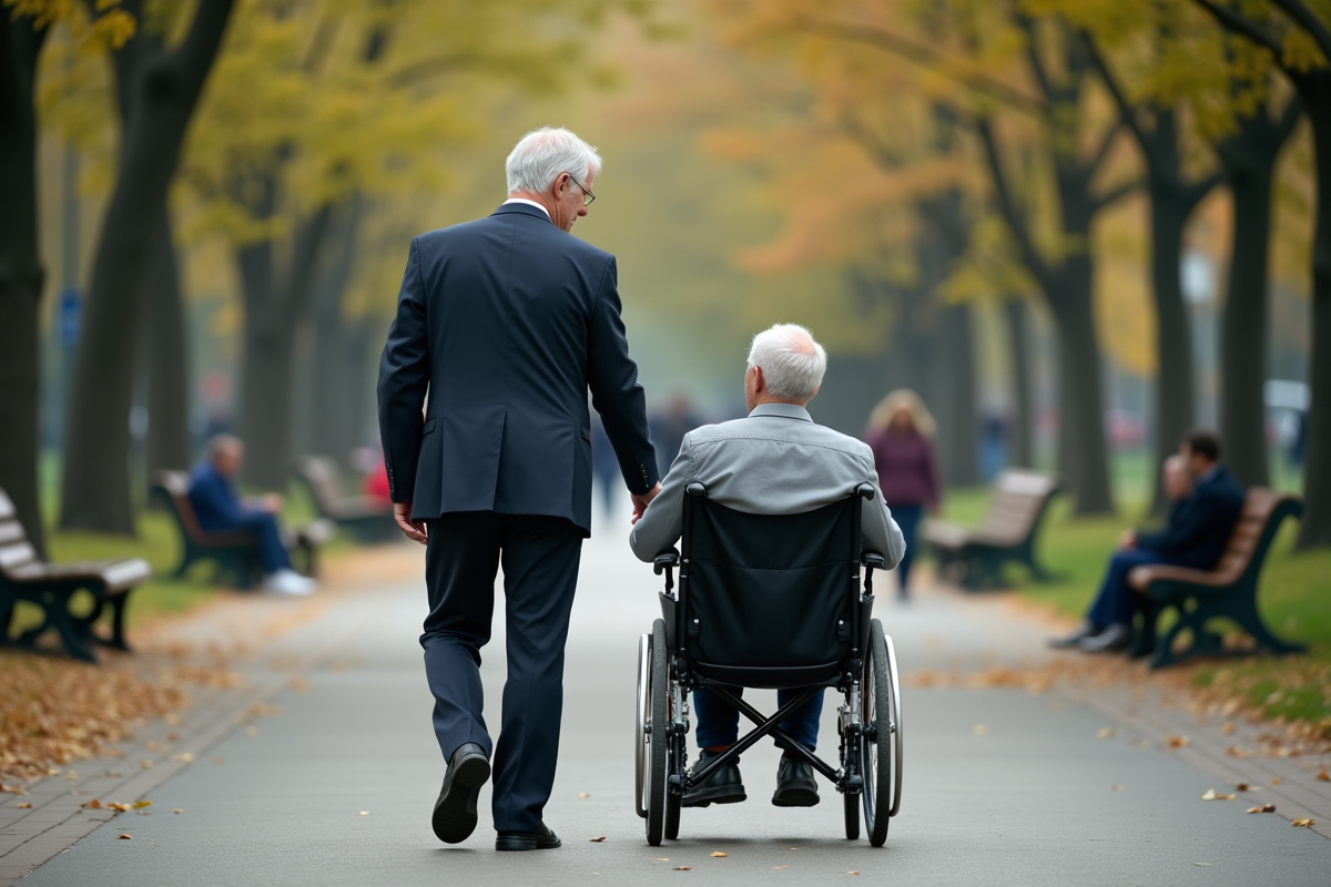 Fils aidant son père en fauteuil dans un parc