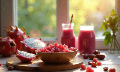 Petit déjeuner végétal avec fruits frais et smoothie