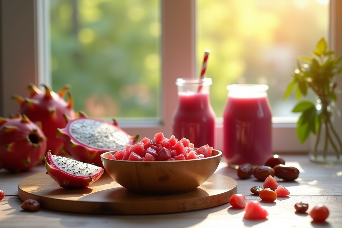 Petit déjeuner végétal avec fruits frais et smoothie
