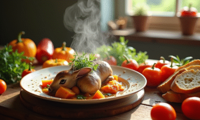Plat de ragout de lapin rustique avec légumes et pain