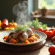 Plat de ragout de lapin rustique avec légumes et pain