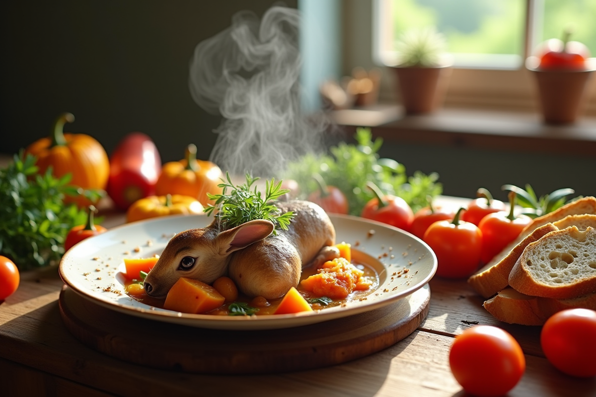 Plat de ragout de lapin rustique avec légumes et pain