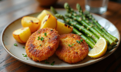 Assiette de pommes de terre dorées et asperges grillées avec citron