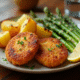Assiette de pommes de terre dorées et asperges grillées avec citron