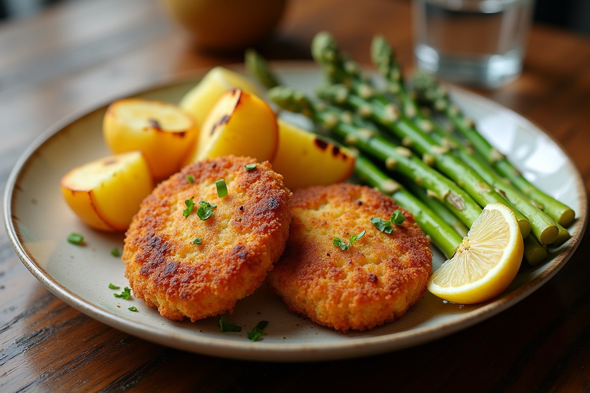 Assiette de pommes de terre dorées et asperges grillées avec citron